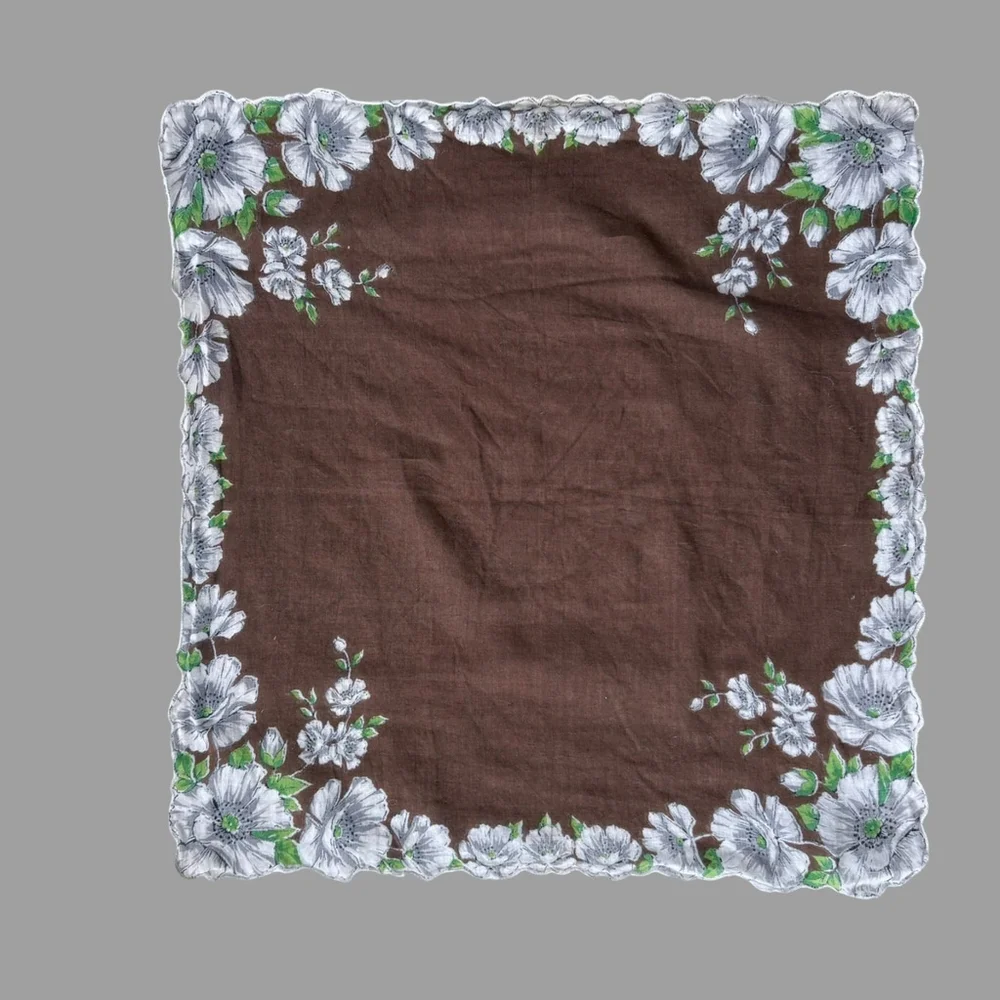 Vintage 1950s Floral Handkerchief Brown White
